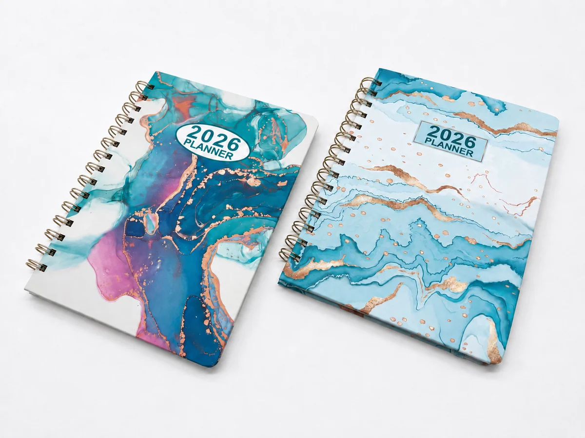 Custom A5 wire-o planner notebook printing with hardcover case binding, elastic closure band, rounded corners and monthly index pages