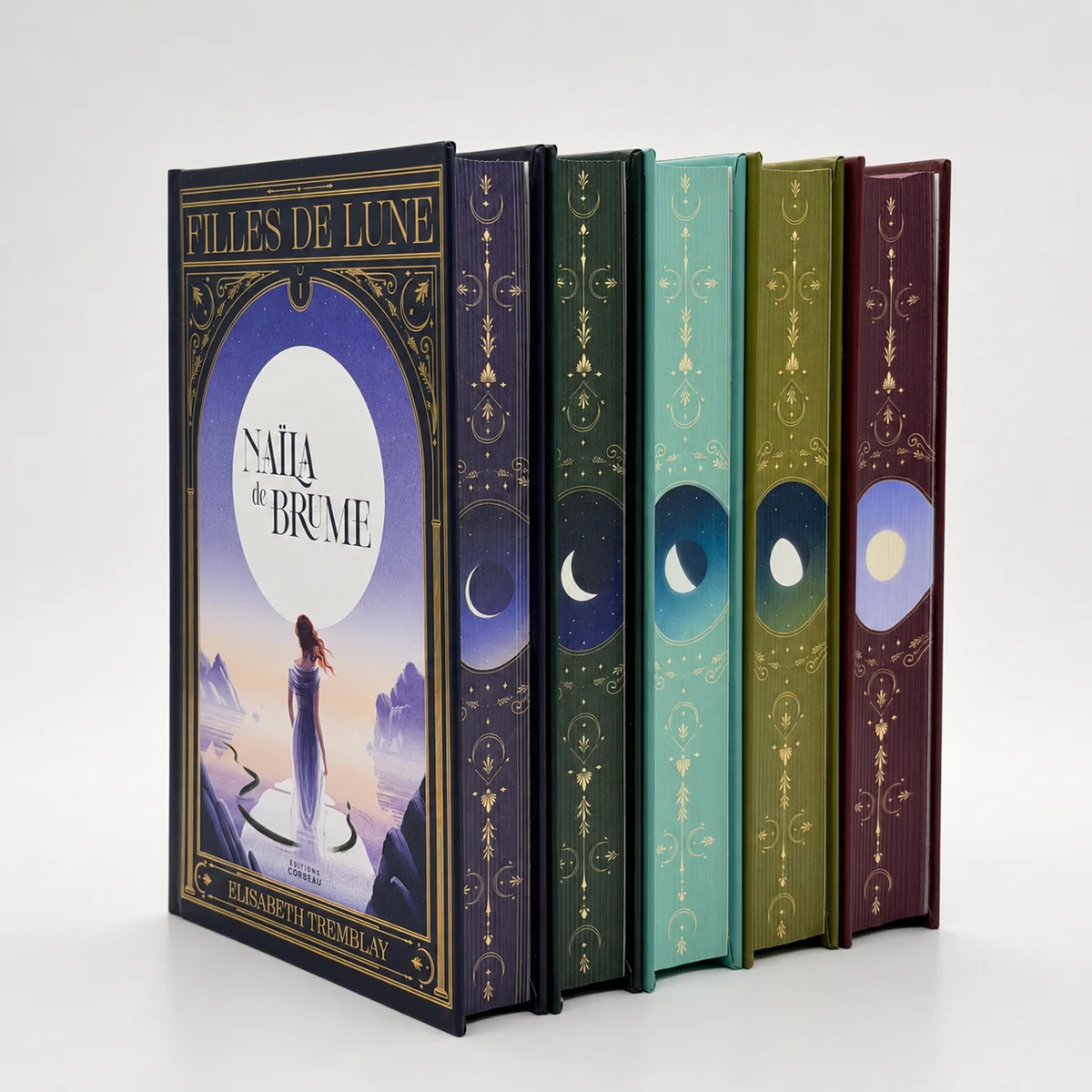 Collector's edition hardcover fantasy book series with gold foil stamping, decorative edge printing, rounded spine binding and color-matched cover designs
