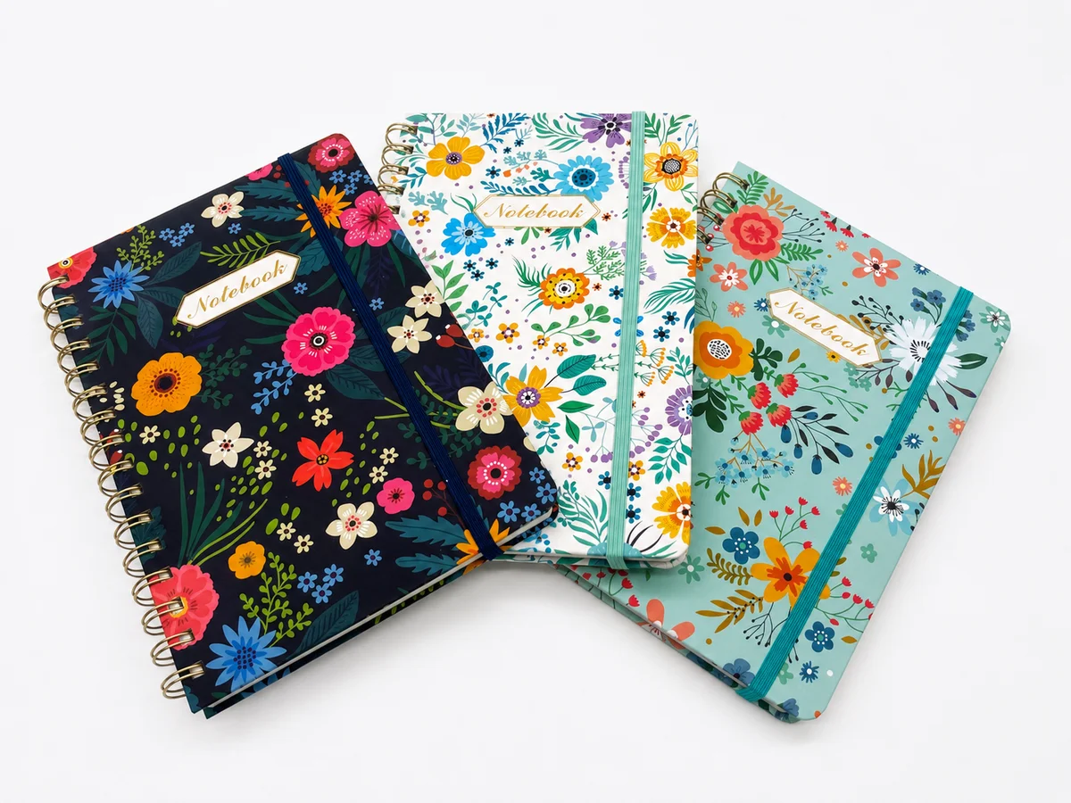 Custom A5 wire-o notebook printing with soft-touch lamination, foil stamping, elastic closure band and rounded corners