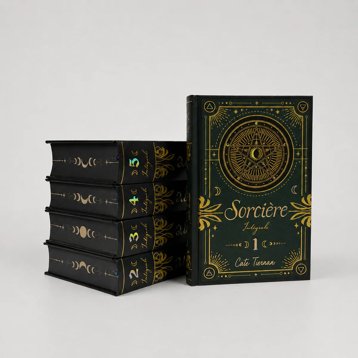 Collector's edition hardcover fantasy book series with holographic foil stamping, continuous edge printing, rounded spine binding and premium decorative finishing