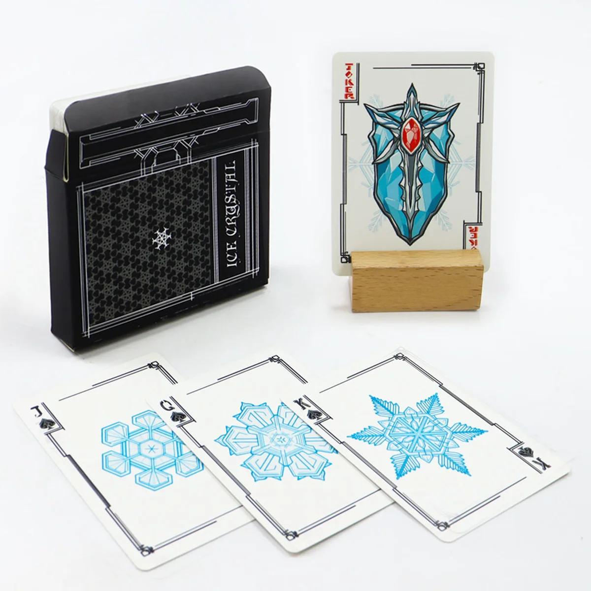 Custom playing cards with blue core paper, textured card backs, side-opening tuck box and matte laminated packaging