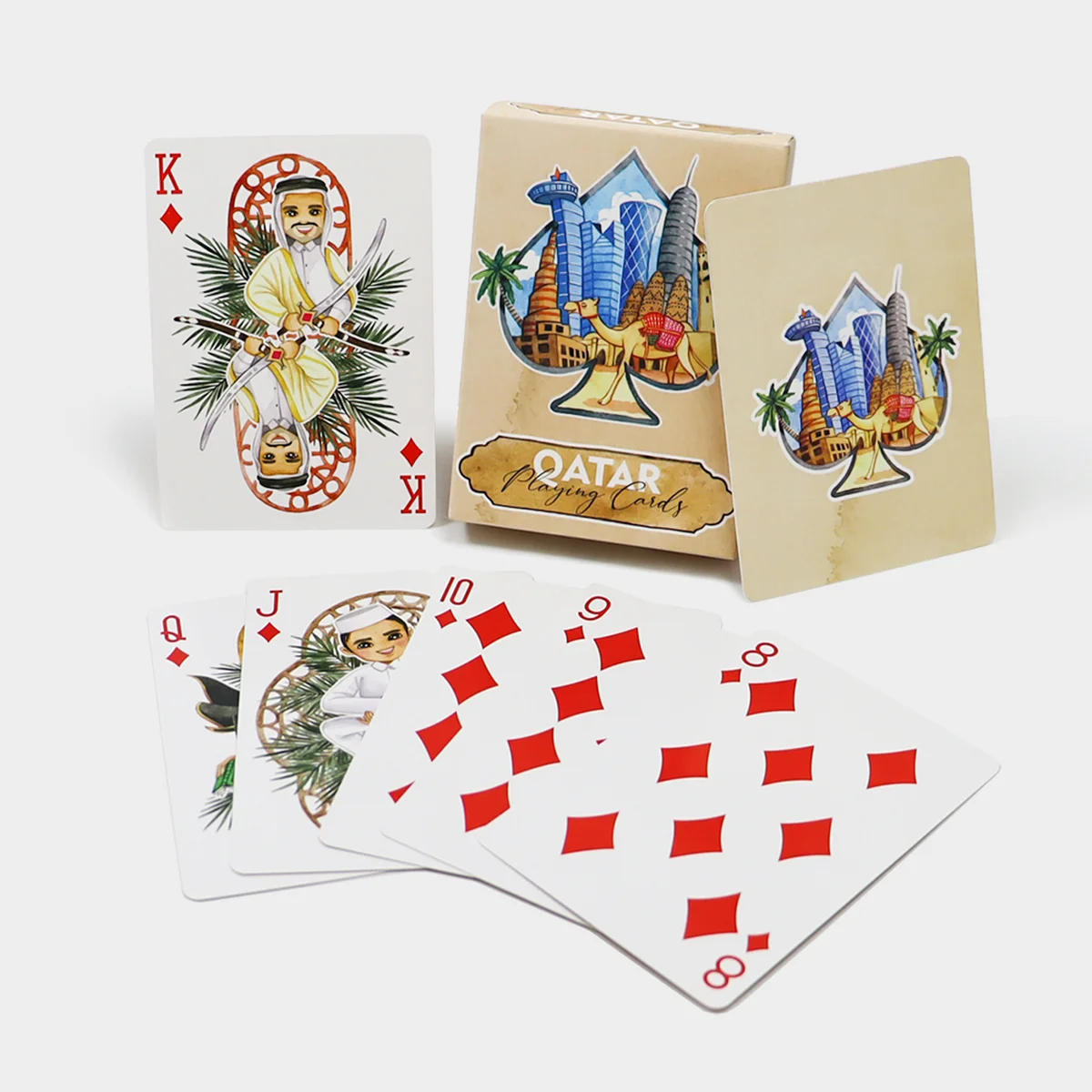 Custom playing cards printed on 350gsm C2S artboard with rounded corners and matte laminated tuck box packaging