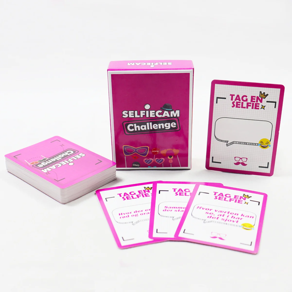 Custom party card game with 62 cards, full-color printing, rounded corners and matte laminated tuck box packaging