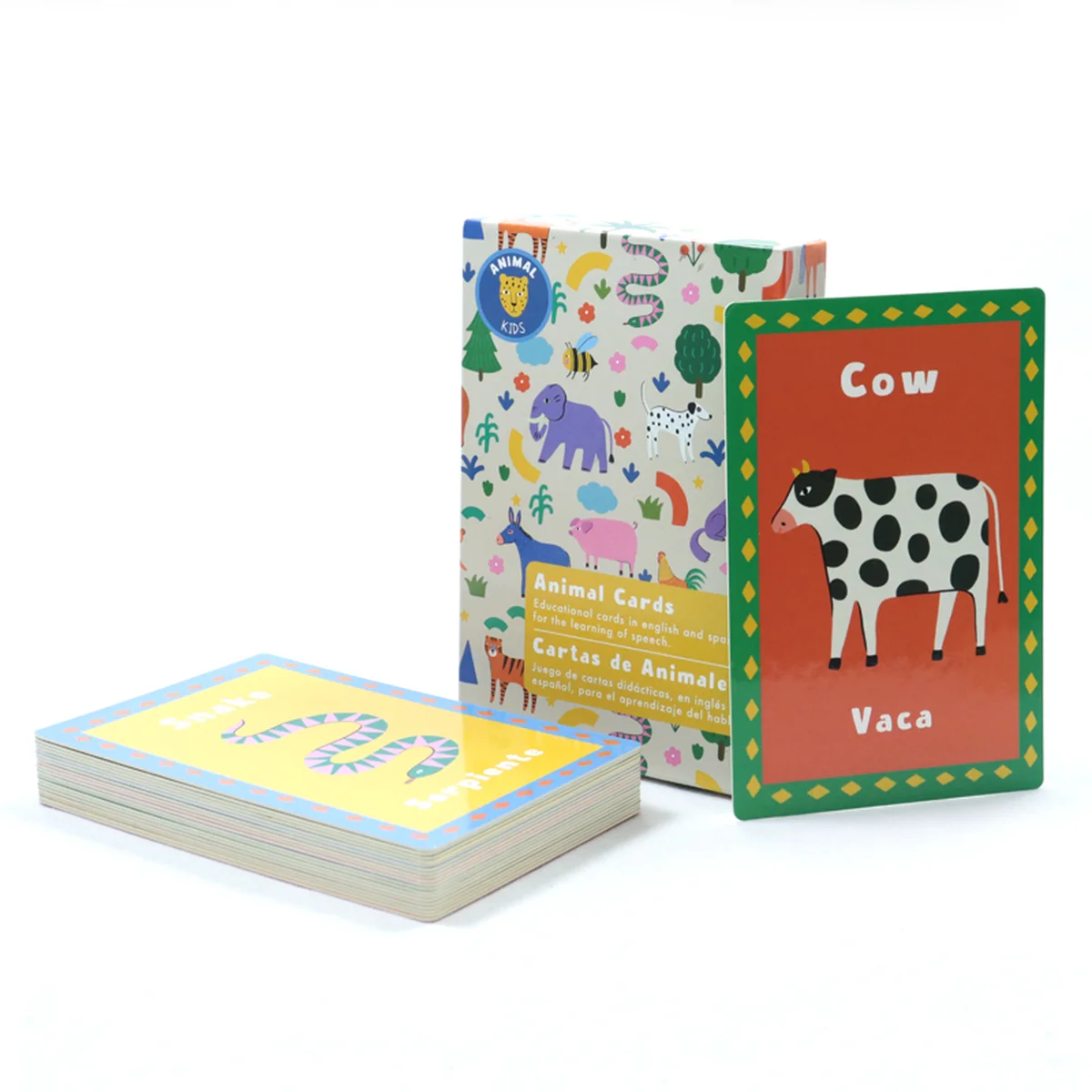 Educational animal flash cards with rigid setup box, laminated cards, rounded corners and shrink-wrapped packaging