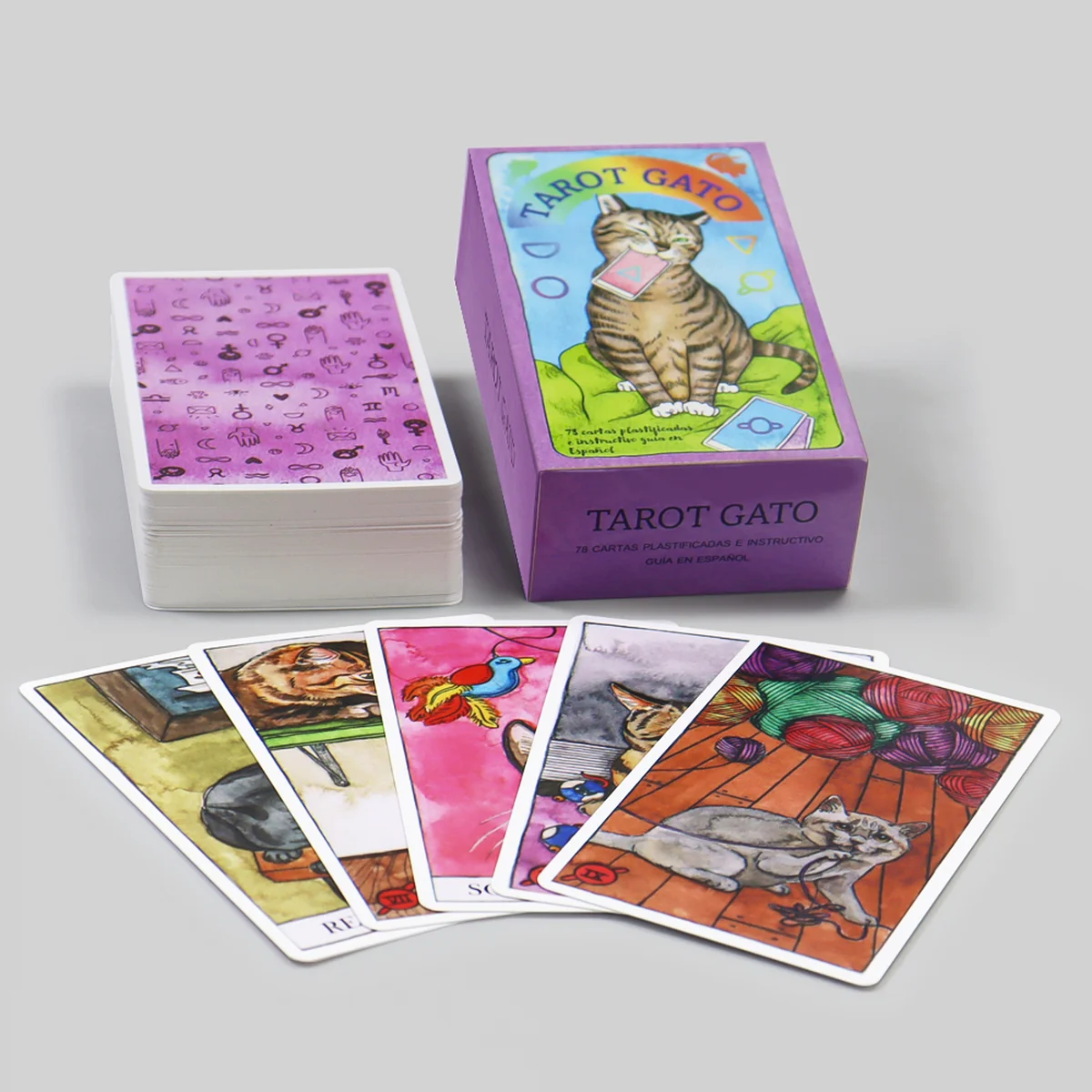 Custom cat tarot card deck with rigid setup box, full-color tarot cards, rounded corners and shrink-wrapped packaging