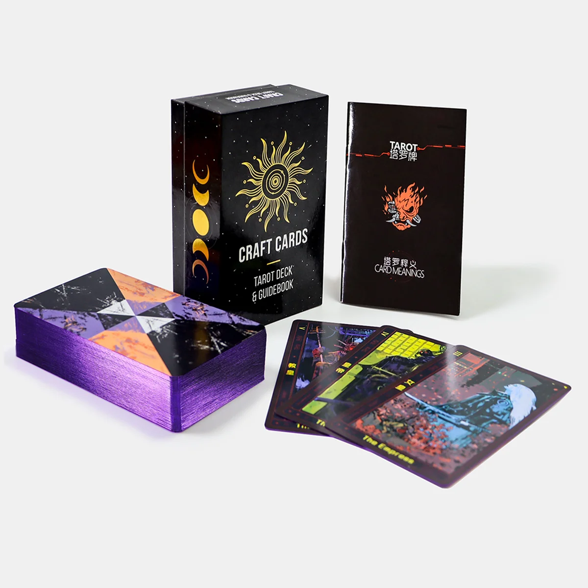 Custom tarot card deck with purple gilded edges, rigid setup box, guidebook, and full-color tarot card printing