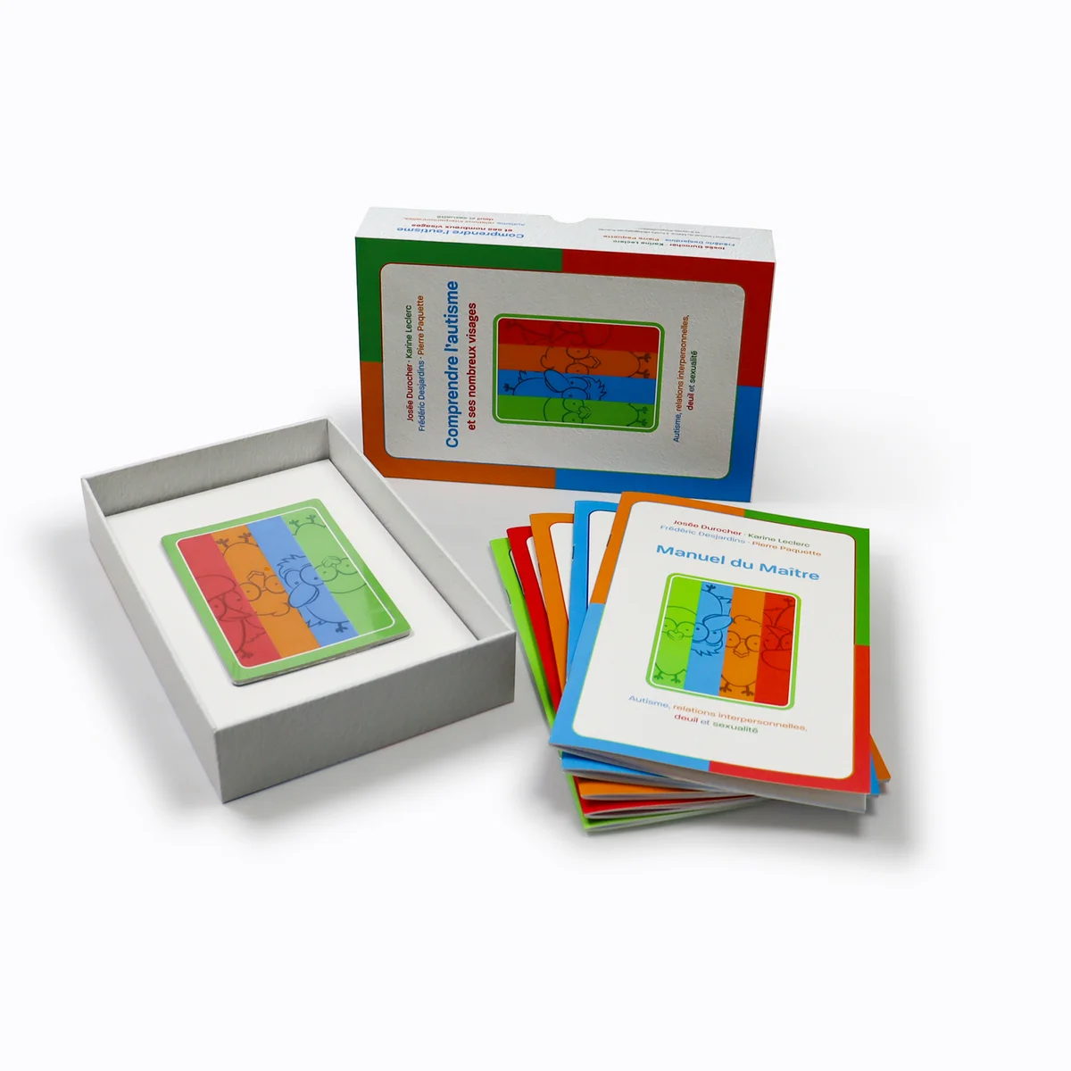 Educational therapy card kit with oversized learning cards, instructional booklets, and rigid lid and base box packaging
