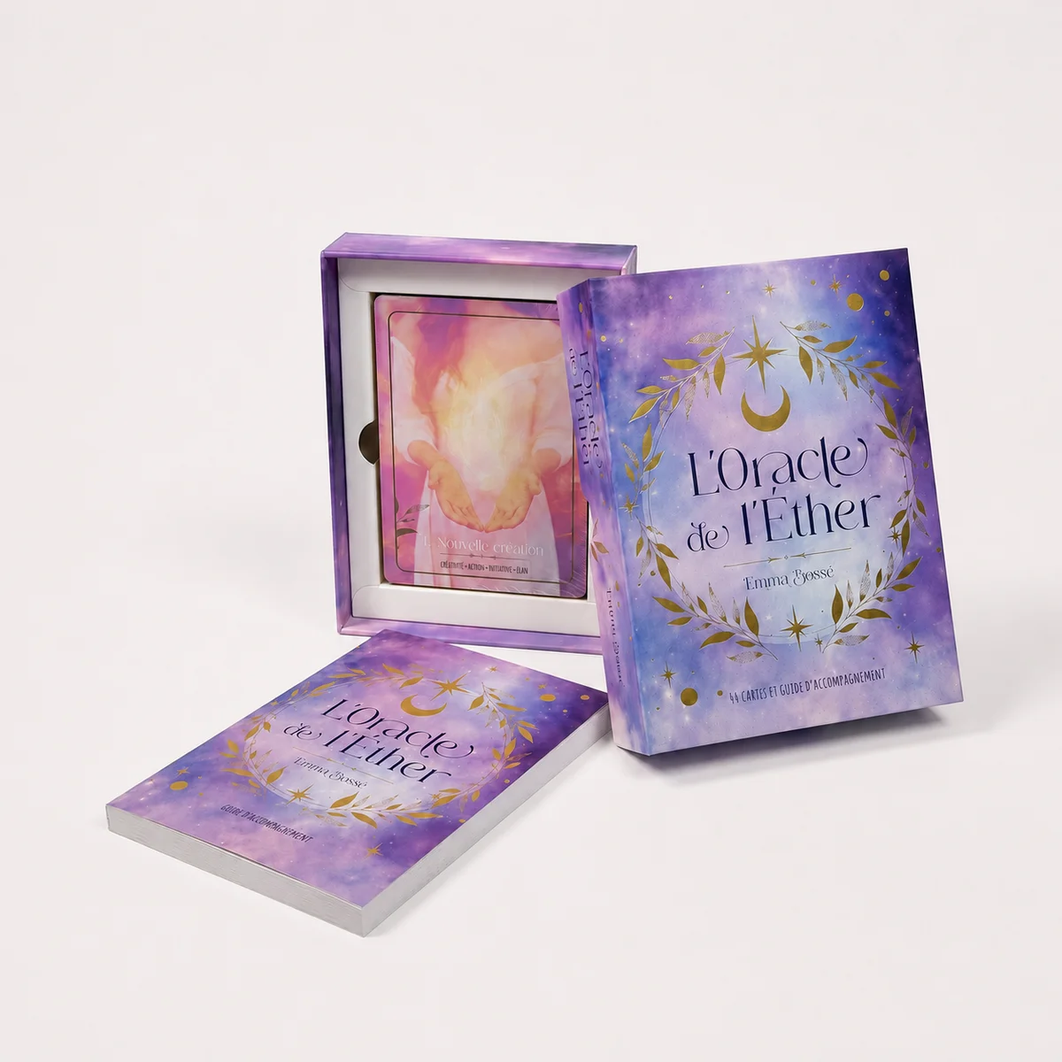 Gold gilded oracle card deck with full-color guidebook and rigid lid and base box packaging