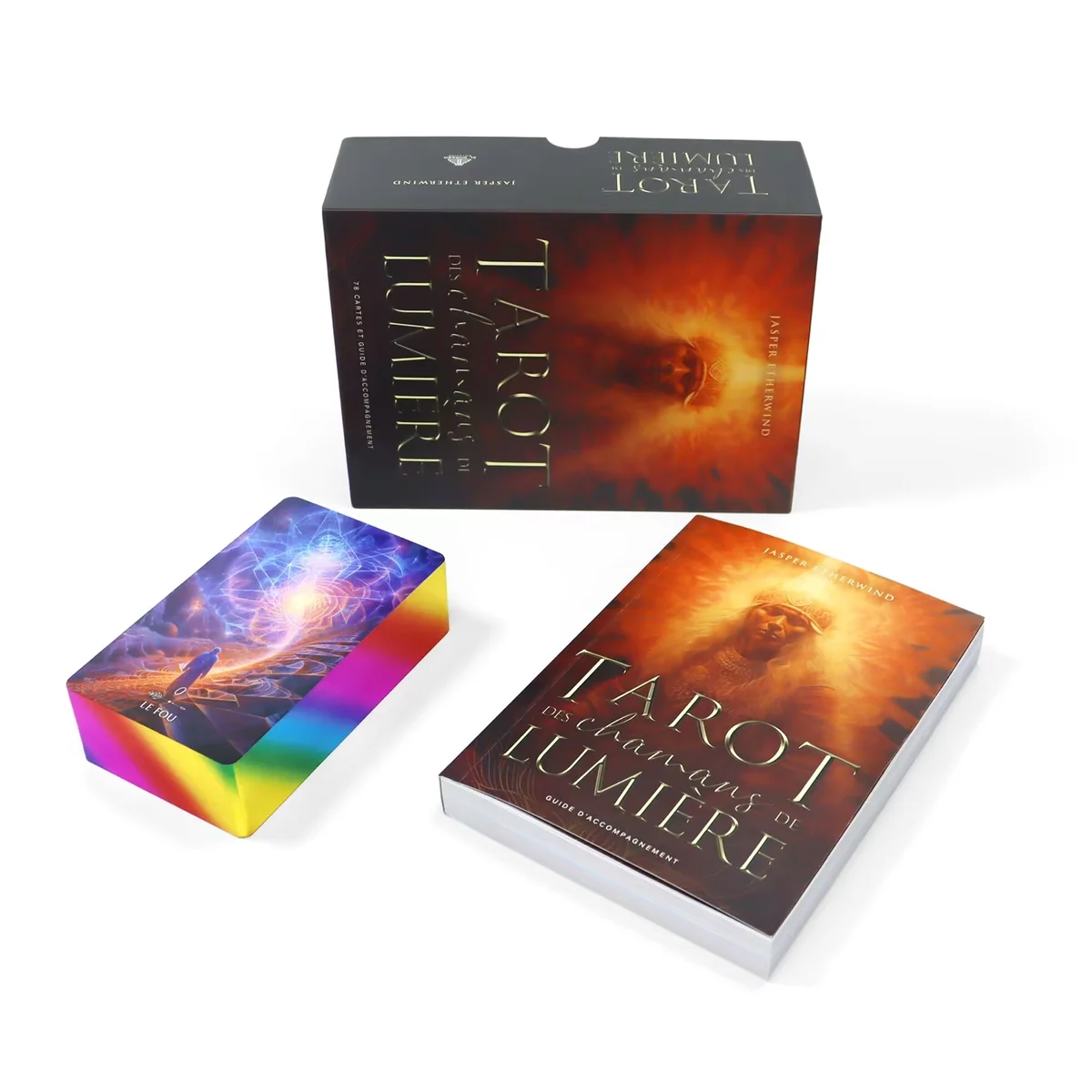 Custom oracle card deck with holographic gilded edges, full-color guidebook and rigid box packaging