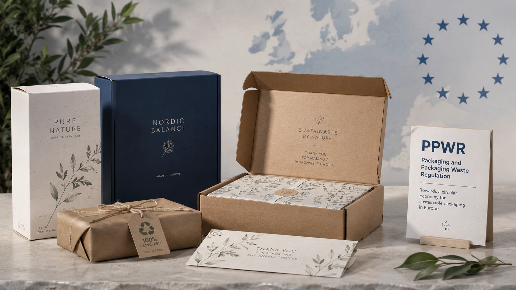Eco-friendly paper-based packaging products arranged in a professional studio setting, highlighting sustainable packaging printing and EU PPWR compliance.
