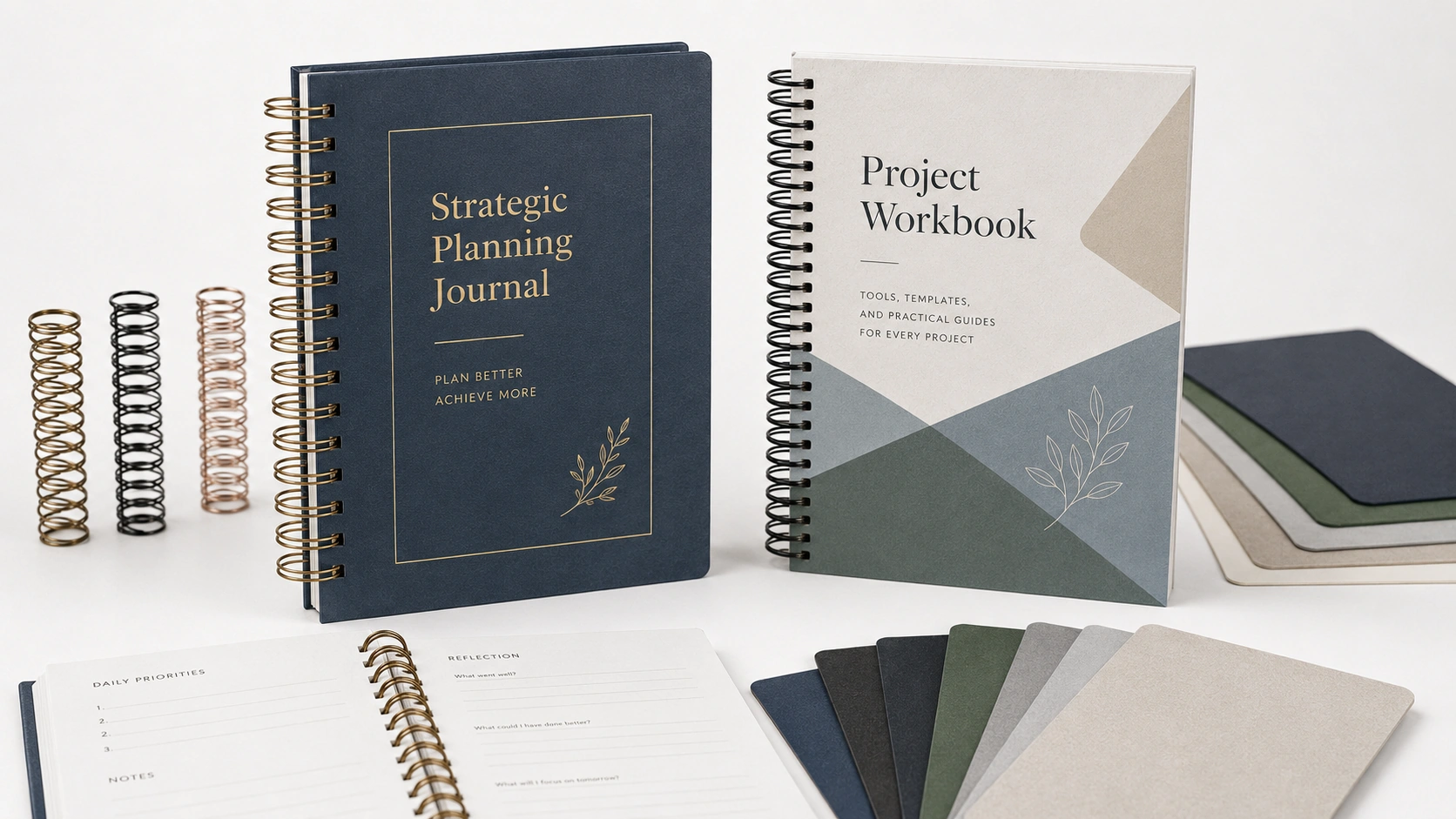 Wire-O bound journal and spiral bound workbook displayed with coil samples and cover material swatches, showing binding options for custom printed books, manuals, planners, journals, and workbooks.