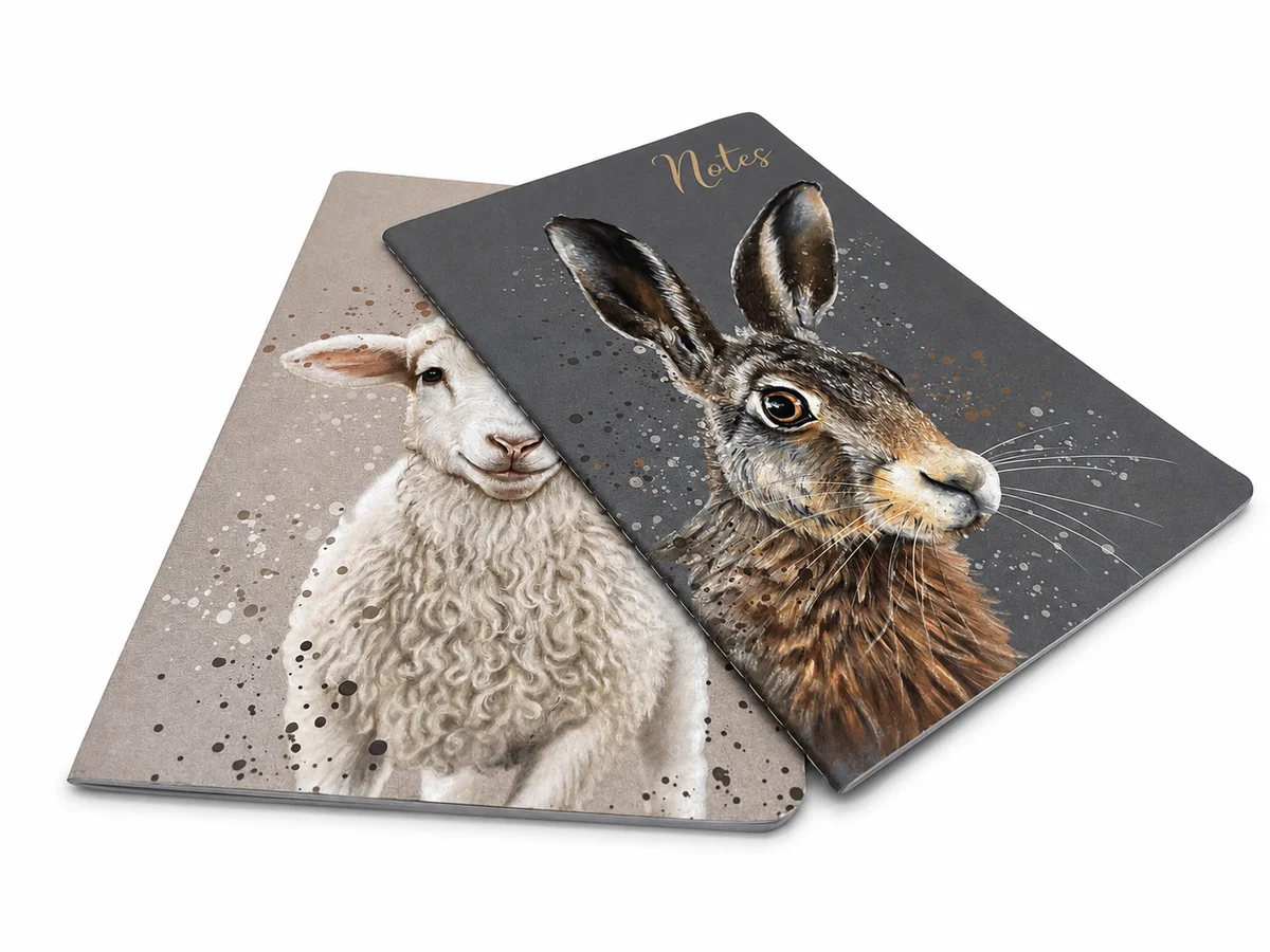 Custom center sewn notebook with rounded corners, full-color printing, and uncoated cardboard cover.