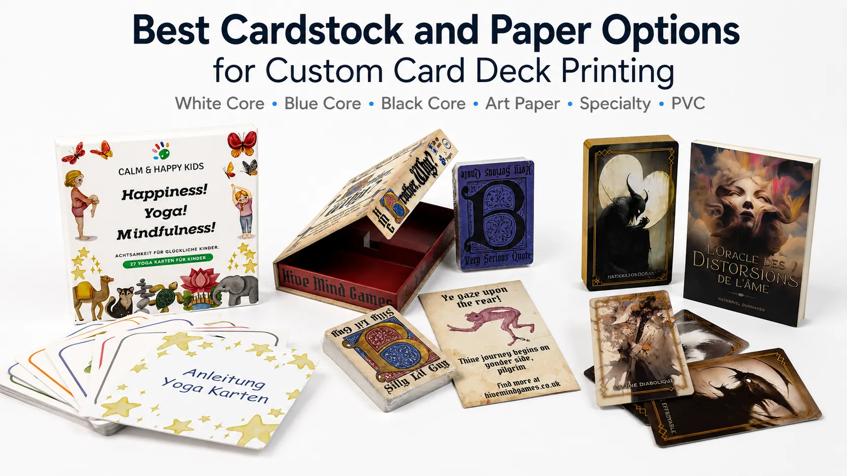 Feature image for a custom card deck printing guide, showing children’s cards, novelty card game packaging, and premium oracle card products under the title Best Cardstock and Paper Options for Custom Card Deck Printing.
