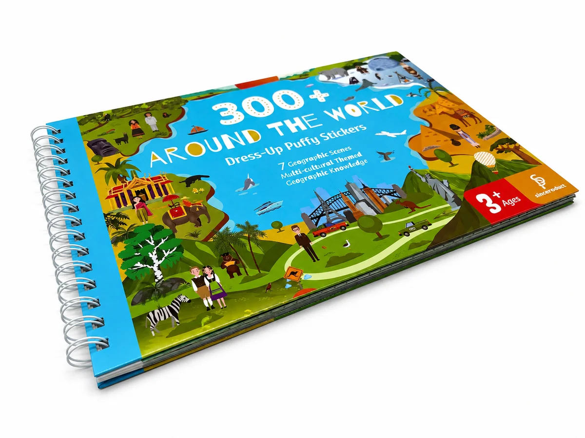 Landscape children's activity book with Wire-O binding, hardcover case cover, and 3D puffy sticker sheets.