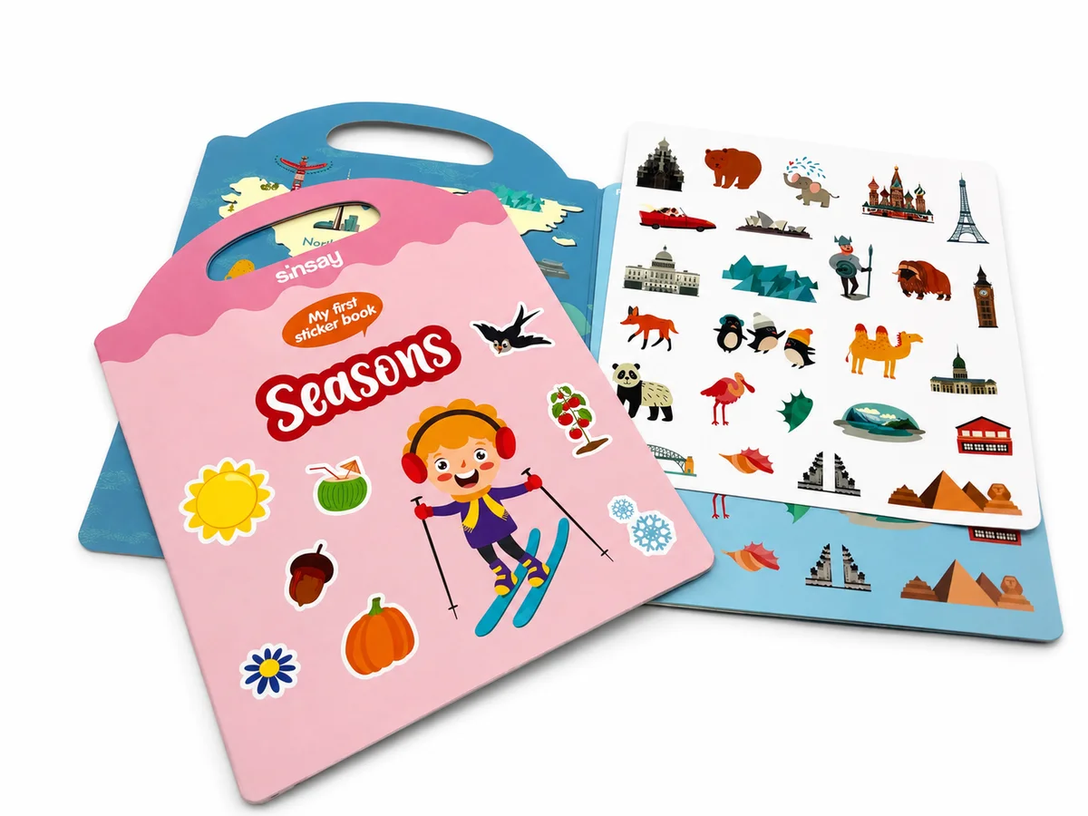Custom static cling sticker activity book with reusable stickers, die-cut carrying handle, and full-color educational activity boards.