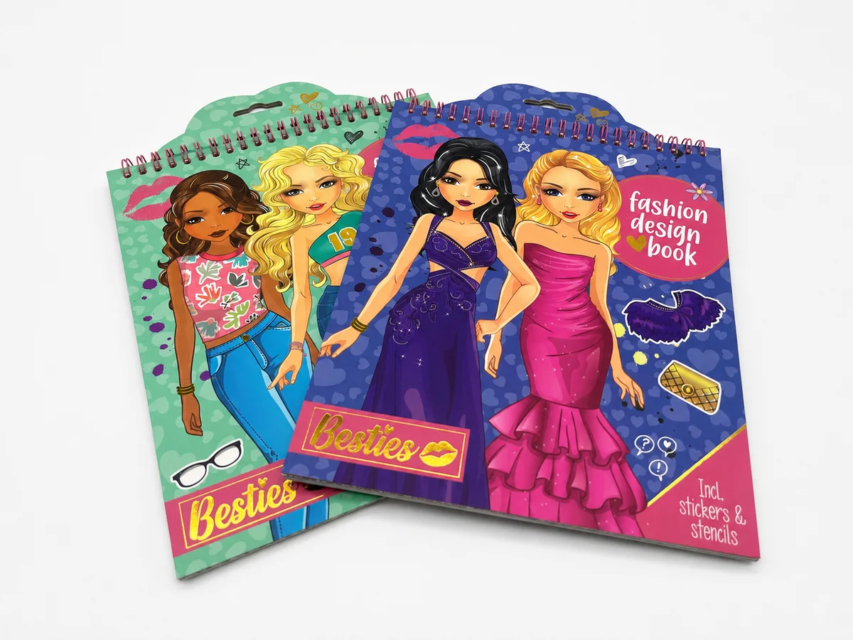 Custom fashion design activity book with Wire-O binding, removable stickers, die-cut PVC stencils, and foil stamped cover.