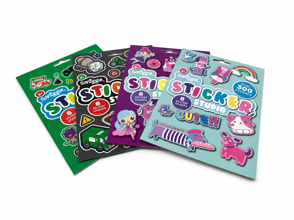 Custom children's sticker book with hanging display header, glossy laminated cover, and die-cut sticker sheets.