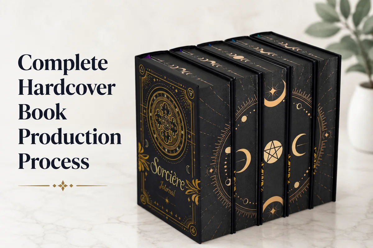 Complete hardcover book production process video covering printing, folding, sewing, case making, and case binding