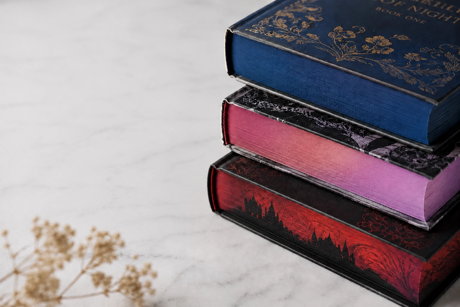 Premium hardcover books with custom sprayed edges displayed in a clean editorial layout, showing colorful book block edges, illustrated edge artwork, foil-style cover details, and luxury collectible book finishes for sprayed edge book printing, limited-edition novels, journals, and premium publishing projects.