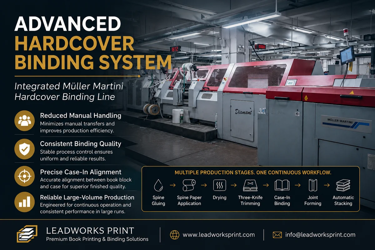 Advanced hardcover binding system featuring Müller Martini integrated case binding production line for premium hardcover book manufacturing