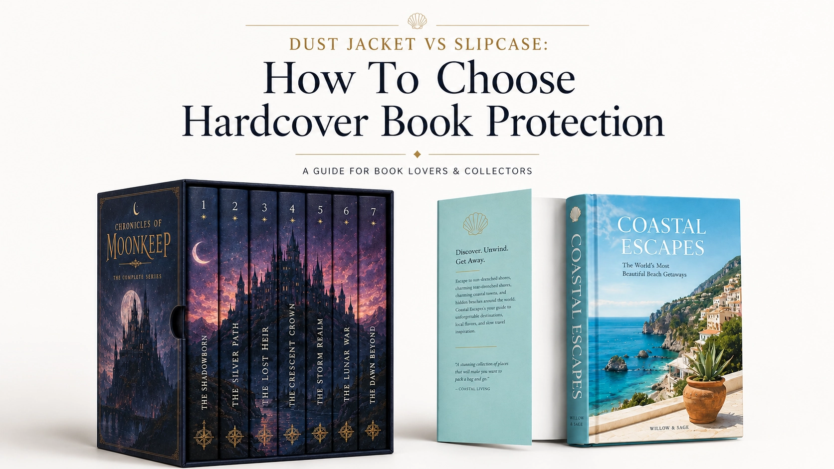 Dust jacket vs slipcase comparison for hardcover book protection, showing a collector slipcase book set and a hardcover book with an opened dust jacket