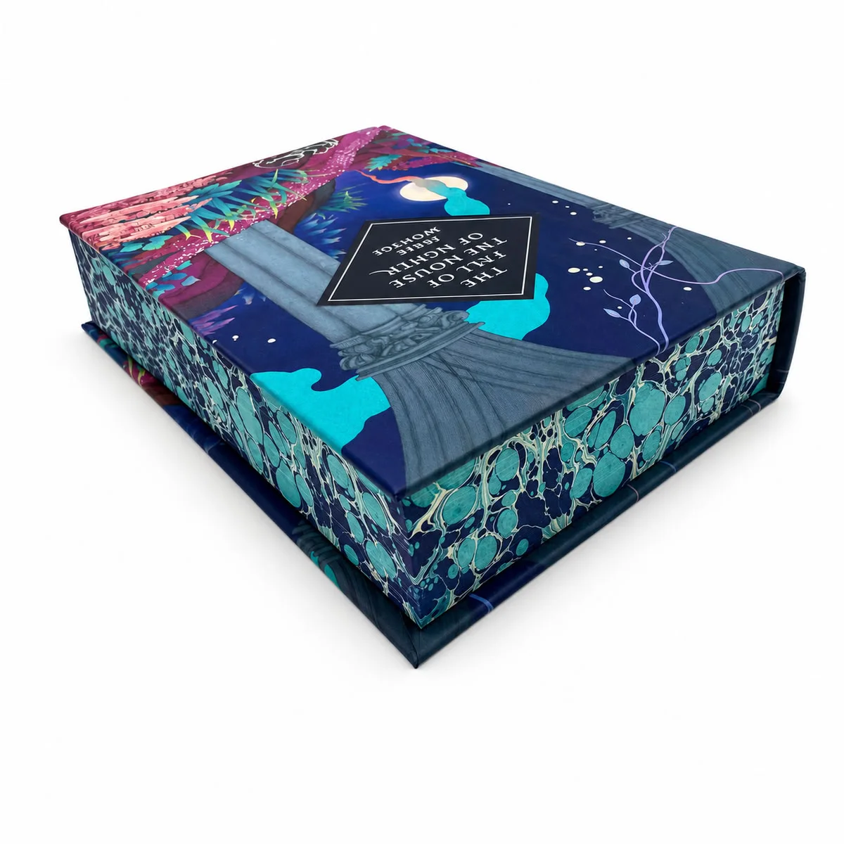 Premium hardcover novel with custom edge printing, silver foil stamping, soft-touch laminated cover, rounded spine, ribbon marker, and section sewn case binding.