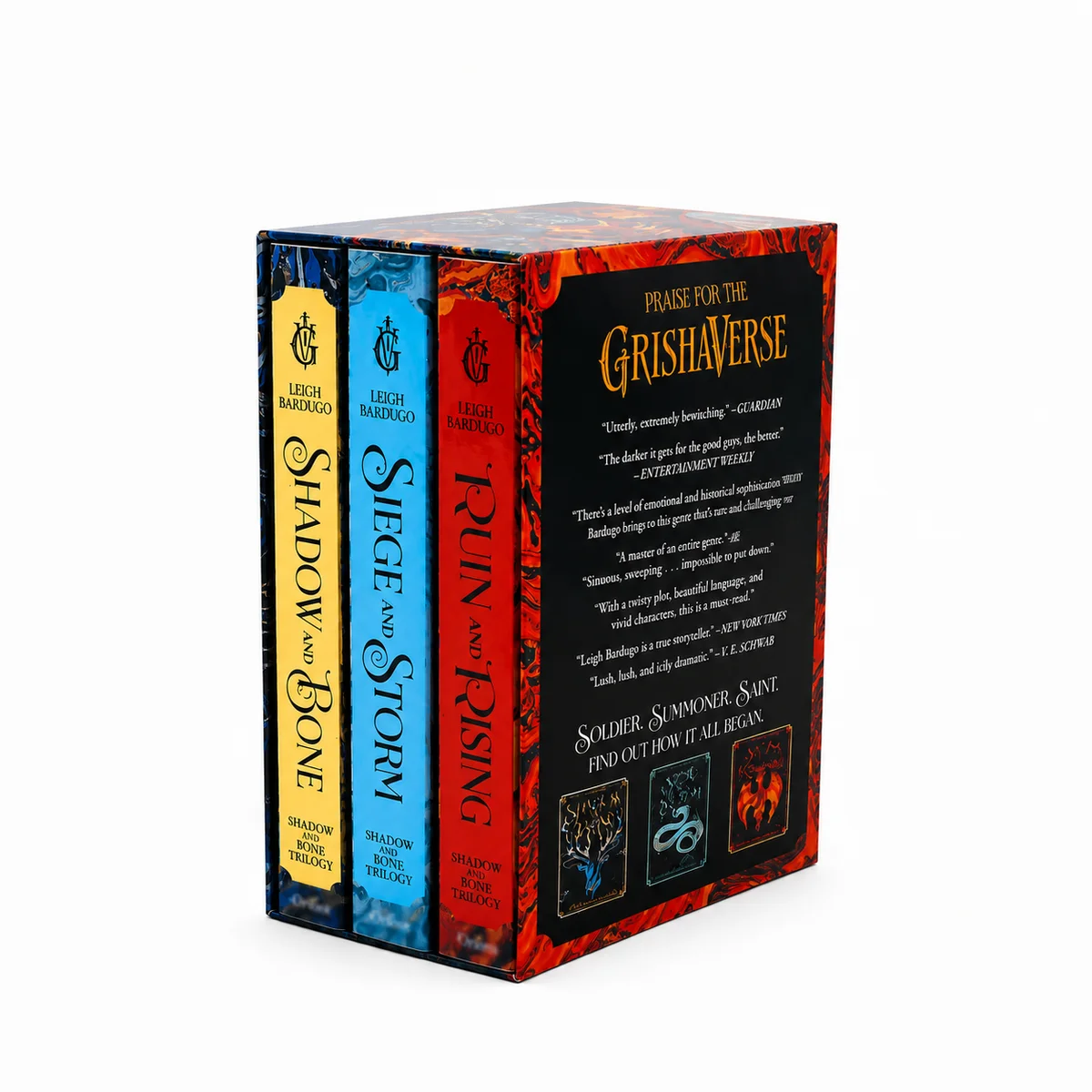 Custom fiction book slipcase set with three perfect bound novels, foil stamped covers and premium printed slipcase.