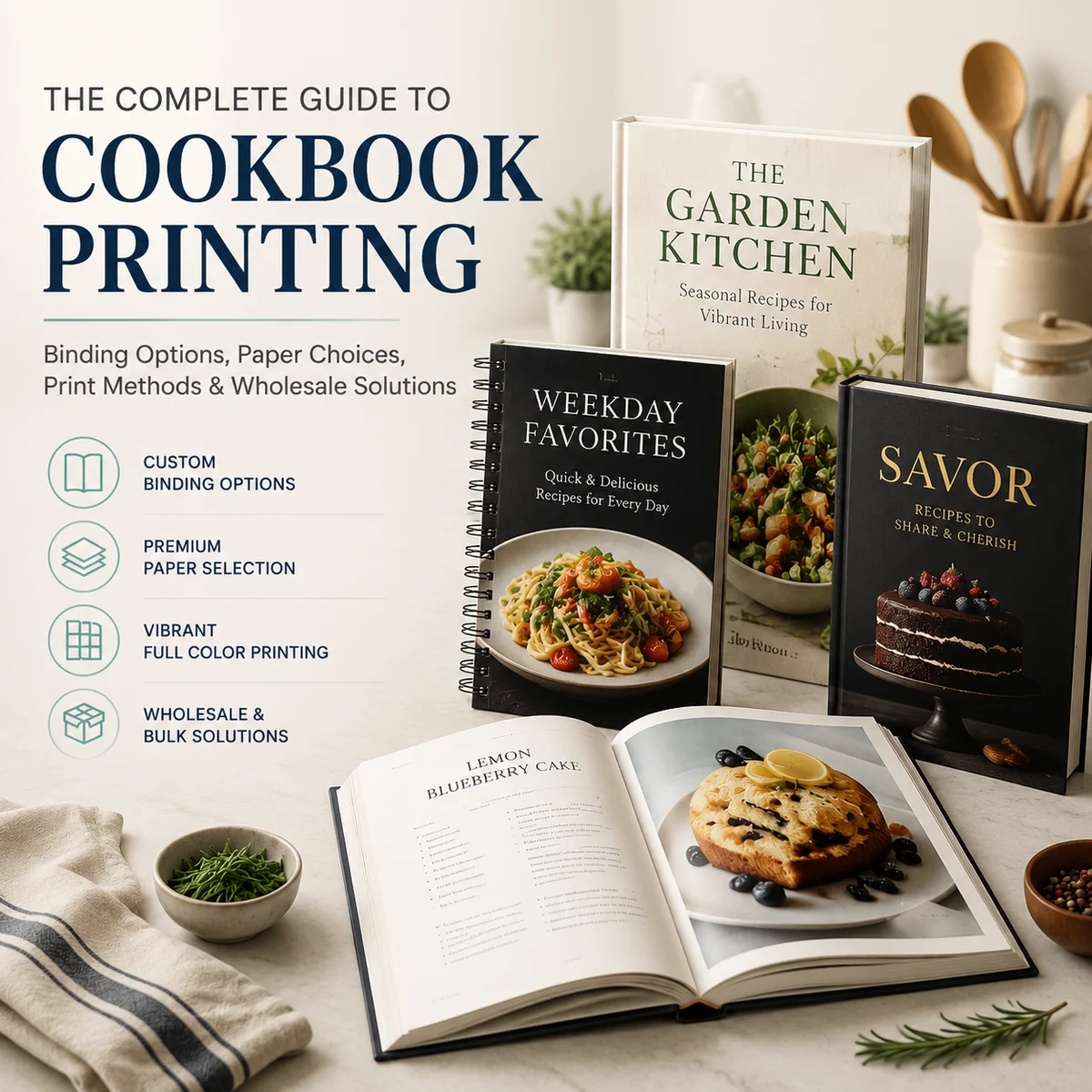 Custom cookbook printing guide featuring hardcover, spiral bound, and premium recipe books with professional food photography