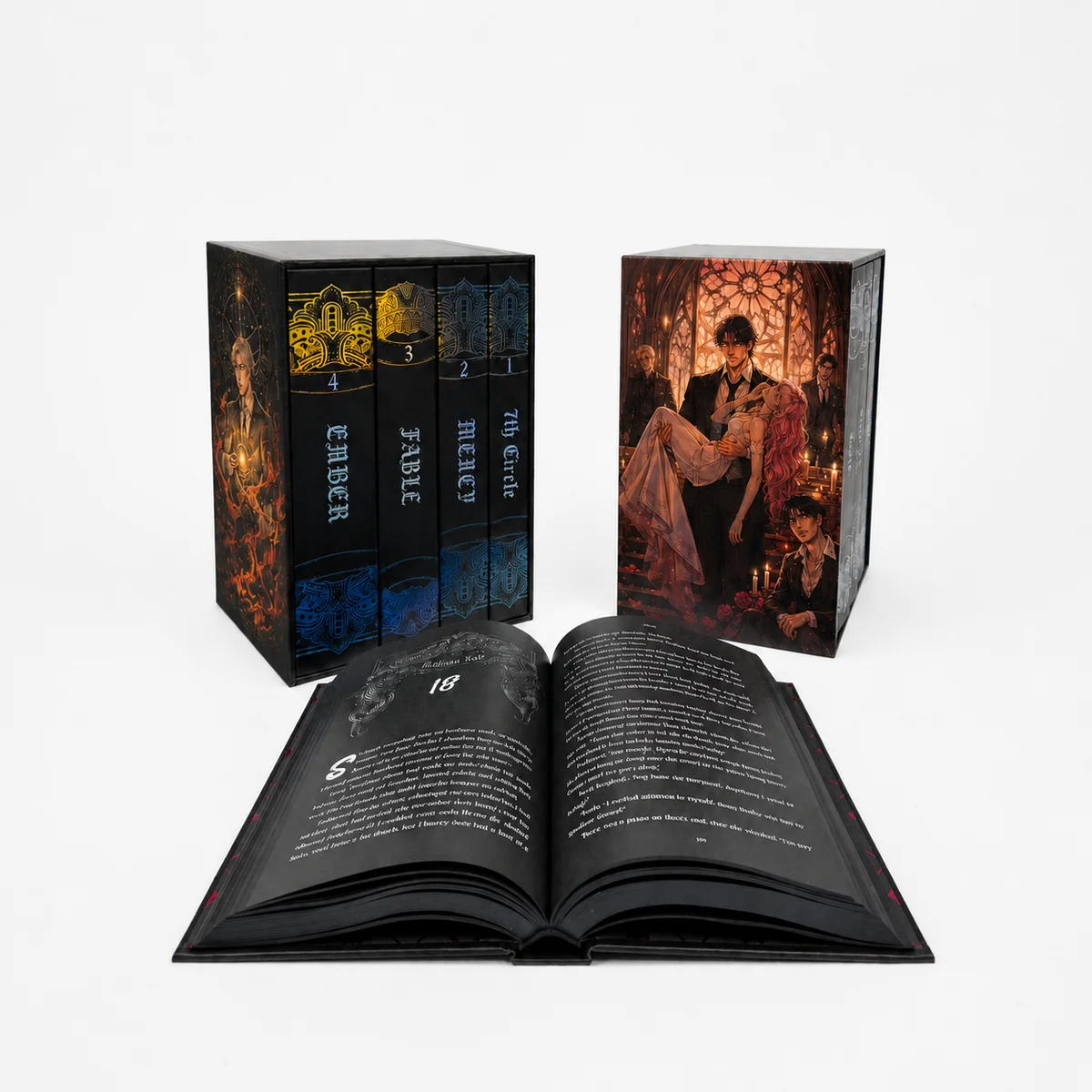 Luxury four-volume hardcover book set with slipcase featuring dark page printing, foil stamping, and premium collector edition finishing.