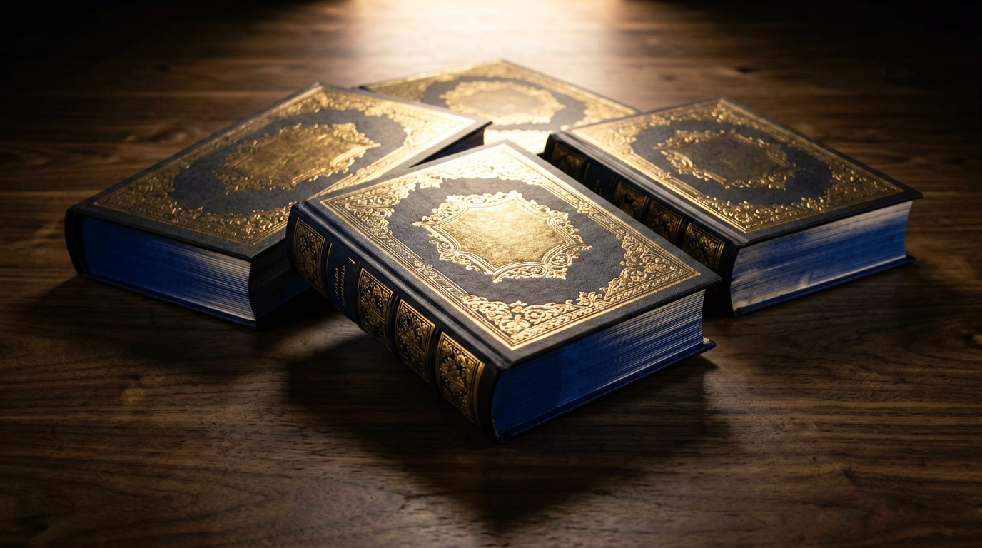 Close up of gold stamped cover and painted edges of hardcover books leadworks